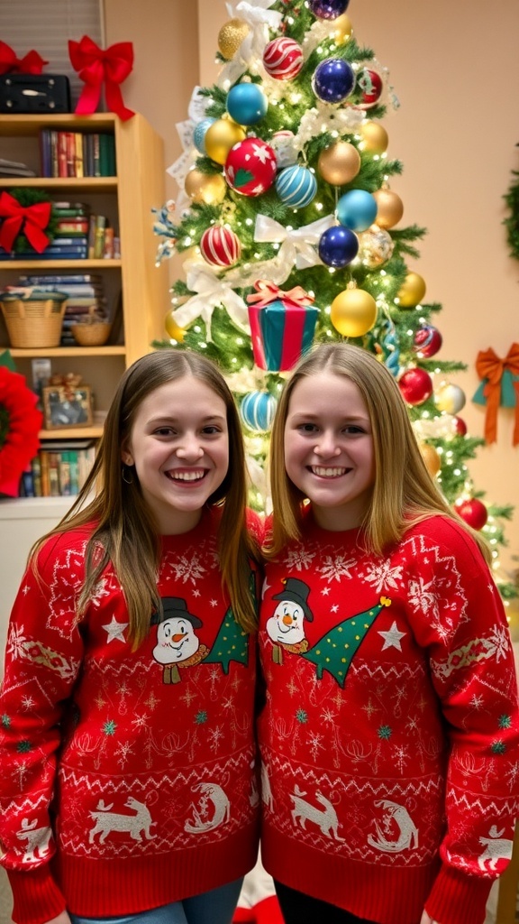Matching Christmas Profile Pictures for Girls Two girls in matching Christmas sweaters smiling in front of a decorated Christmas tree.